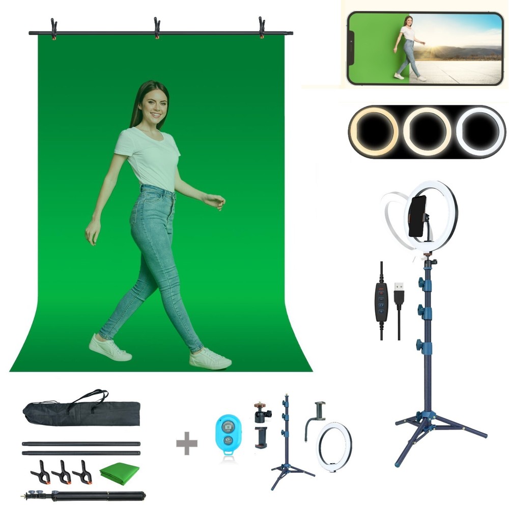 LINCO Pink/Blue T-Shape Backdrop Stand with 10" Ring Light Stand Lighting Kit