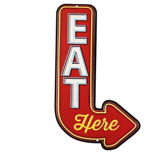 Eat Here Arrow Embossed Metal Sign