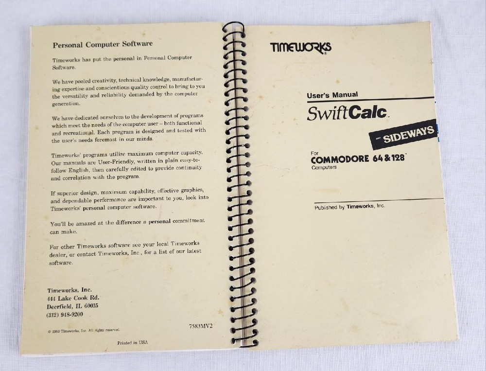 Timeworks SwiftCalc w/ Sideways for Commodore 64 & 128 Computers User's Manual