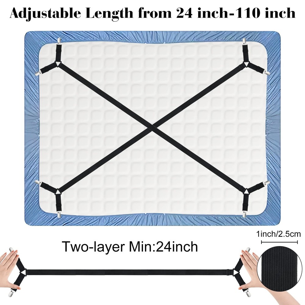 Bed Sheet Fasteners Straps Adjustable Bed Sheet Holder Bands with Sheet Clips.