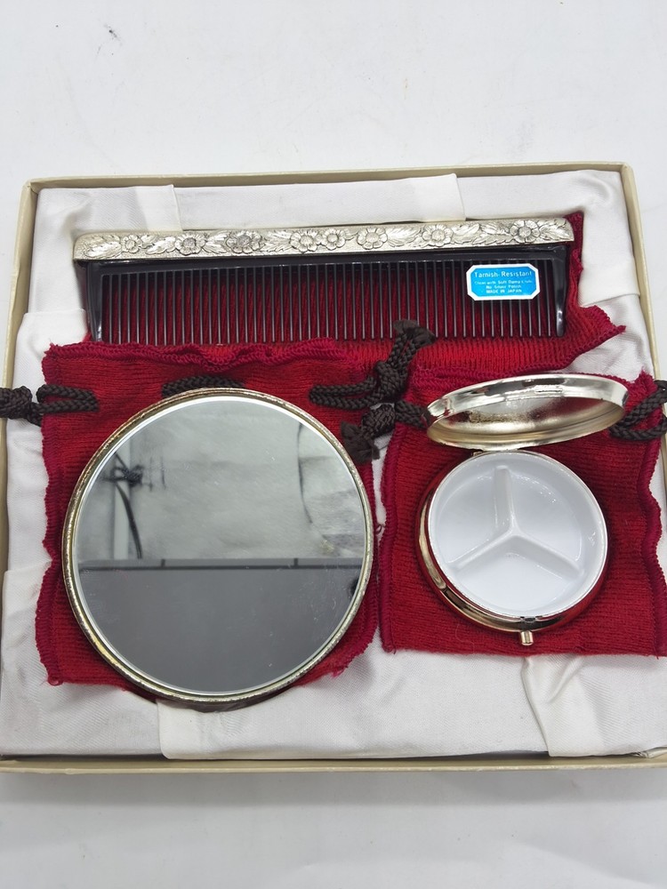 Vintage Silver Plate 3pc Vanity Set Floral Repousse Mirror Compact Comb Boxed