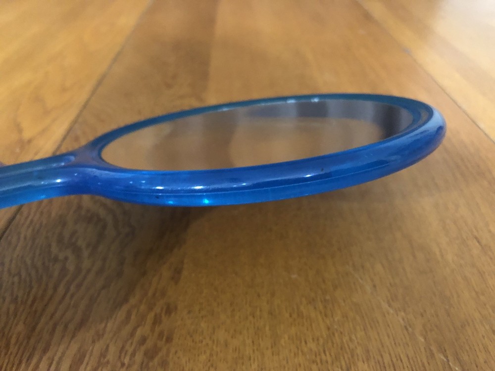 VINTAGE BLUE HANDLE DOUBLE SIDED CIRCULAR PLASTIC MIRROR