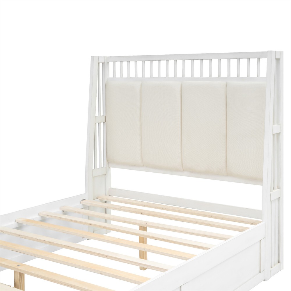 Full/Queen Size Bed Frame Upholstered Platform Bed Frame w/ 2 Drawers White