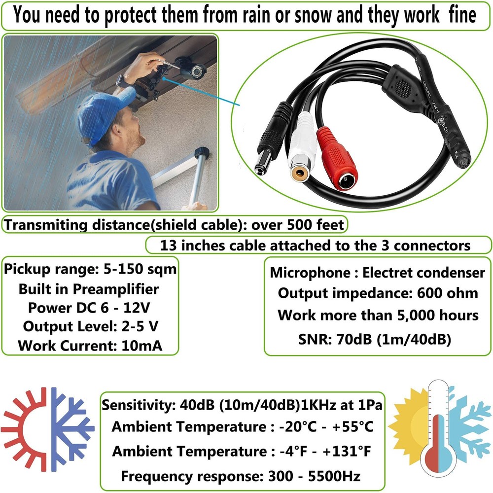 CCTV Microphone with Preamp RCA Audio Out 12V DC — Adjustable Gain — for DVR/...
