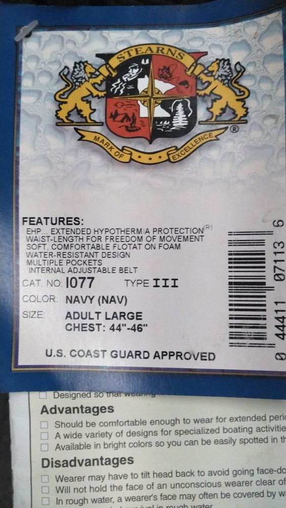 Large Stearns Personal flotation device / Float Coat-New.