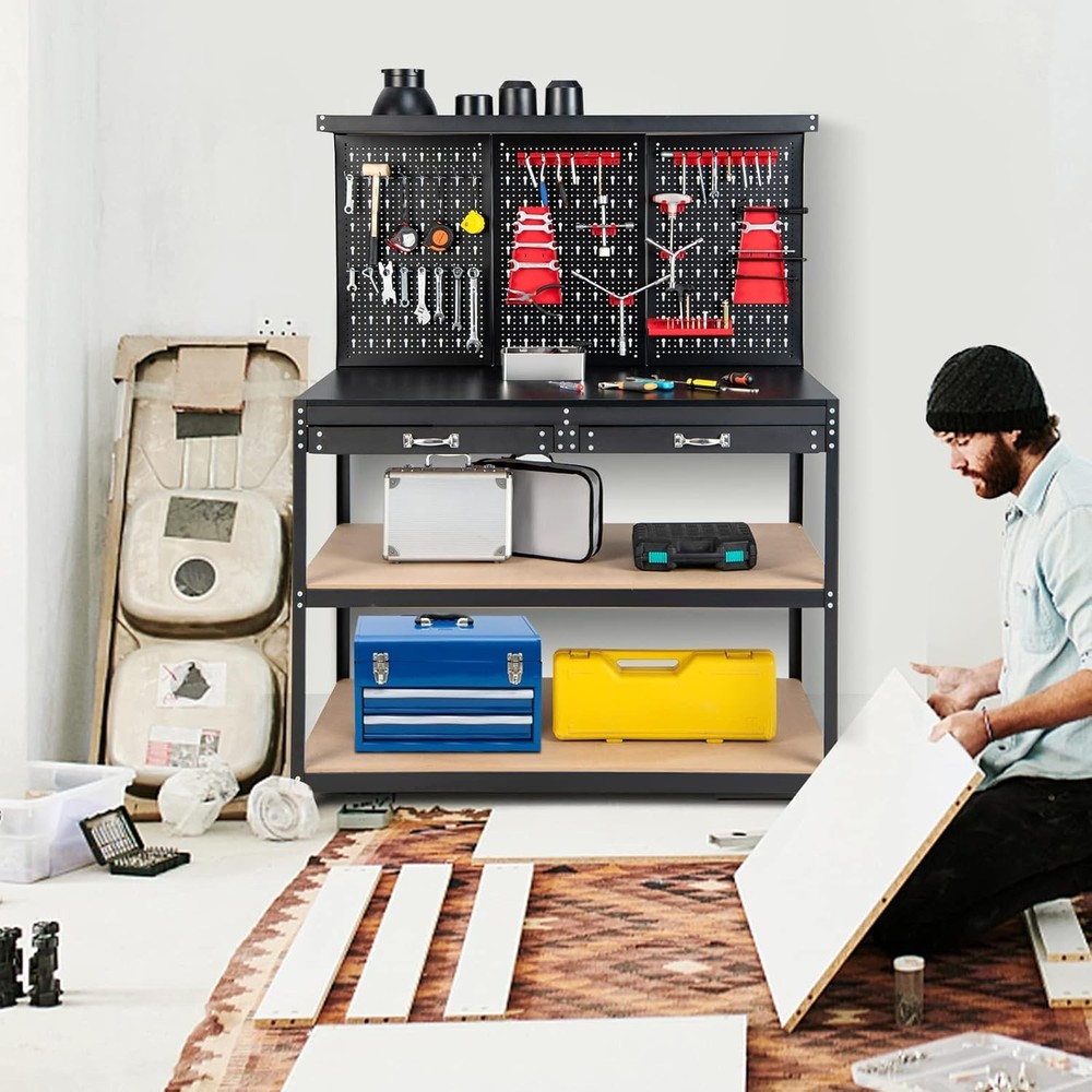 Robust 48" x 24" Heavy Duty Workbench with Pegboard & 2 Drawers - Easy Assemble