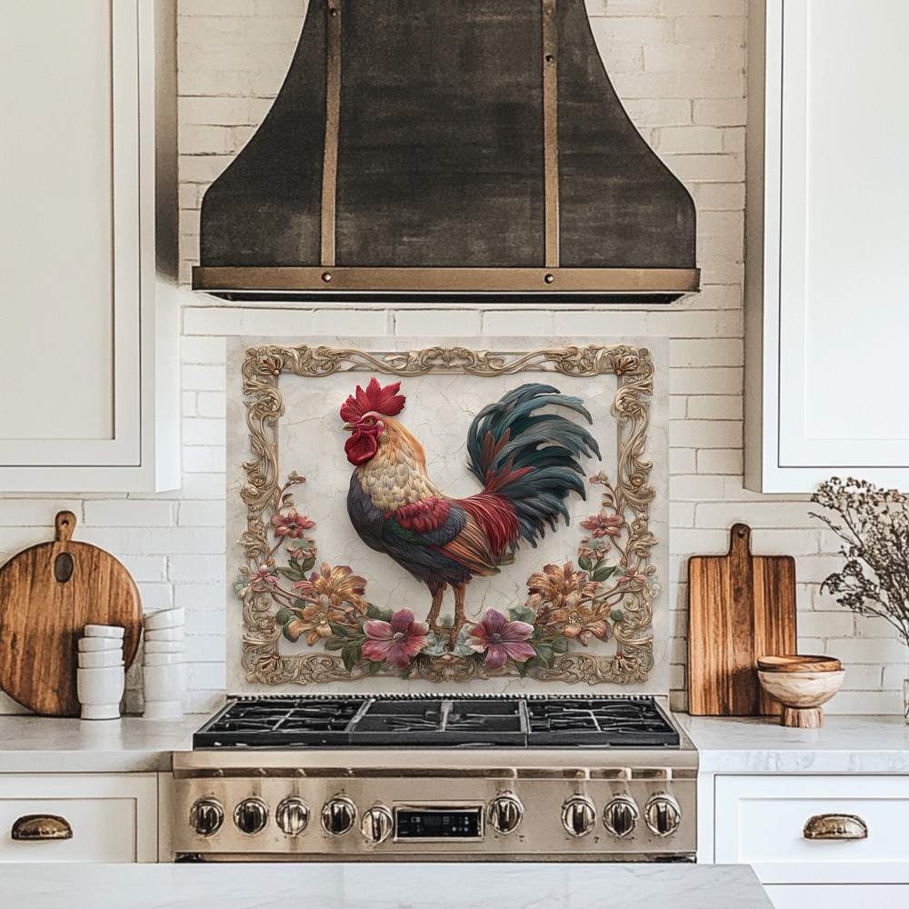 Rustic Colorful Rooster Glass Backsplash • Farmhouse Kitchen Panel