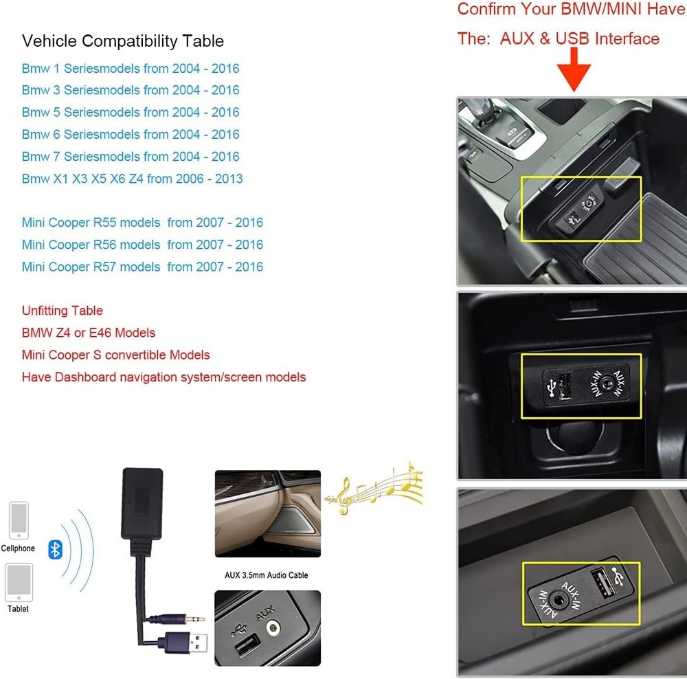 Bluetooth Adapter Compatibility with BMW Mini Cooper Aux 3.5 Cellphone Play