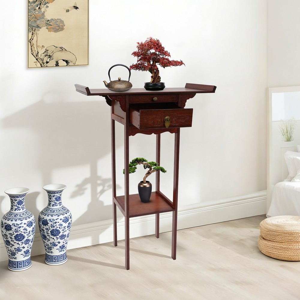 Meditation Altar Table With Pull-out Storage Board And Exquisite Carving