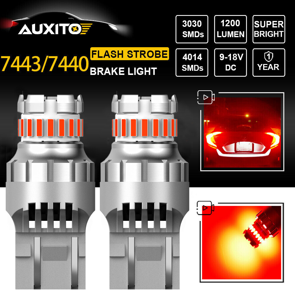 2X AUXITO 7443 7440 LED Flash Strobe Brake Tail Light Super Red Bulbs Error Free