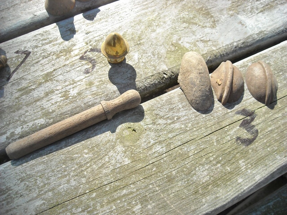 Thirty Five Small Wood & Brass Mostly Finial Type Spindles
