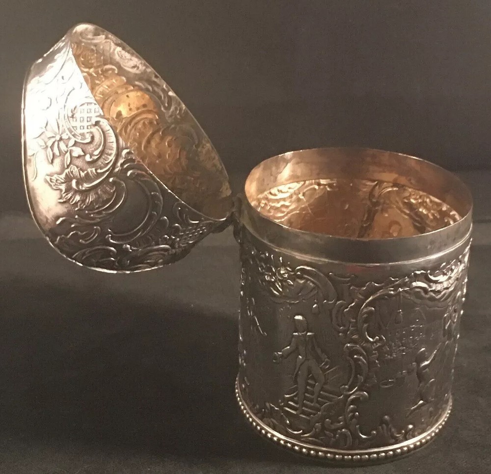 800 Silver Tea Caddy Hanau Germany Romantic Scenes Unusual Form 169 Gr