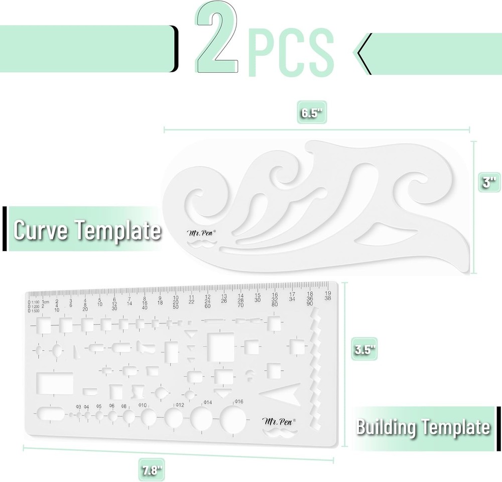 Mr. Pen Geometric Drawing Template Set: 2 Durable Plastic Stencils for Precision
