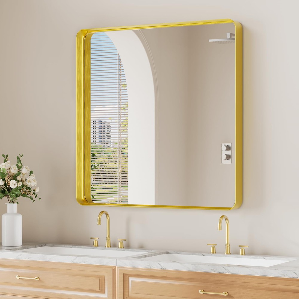 Gold Wall Mirror for Bathroom, 30x30 Inch Matte Deep Framed Rounded Rectangle...