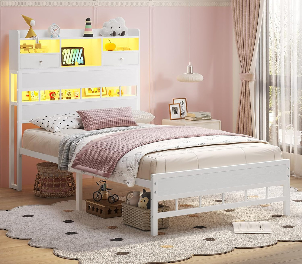 BTHFST Twin Bed Frames with Headboard & Charging Station, LED Bed Frame Twin wit