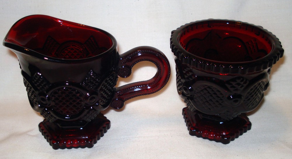 Vintage Avon 1876 Cape Cod Ruby Red Glass Handled Creamer & Open Sugar Bowl Set