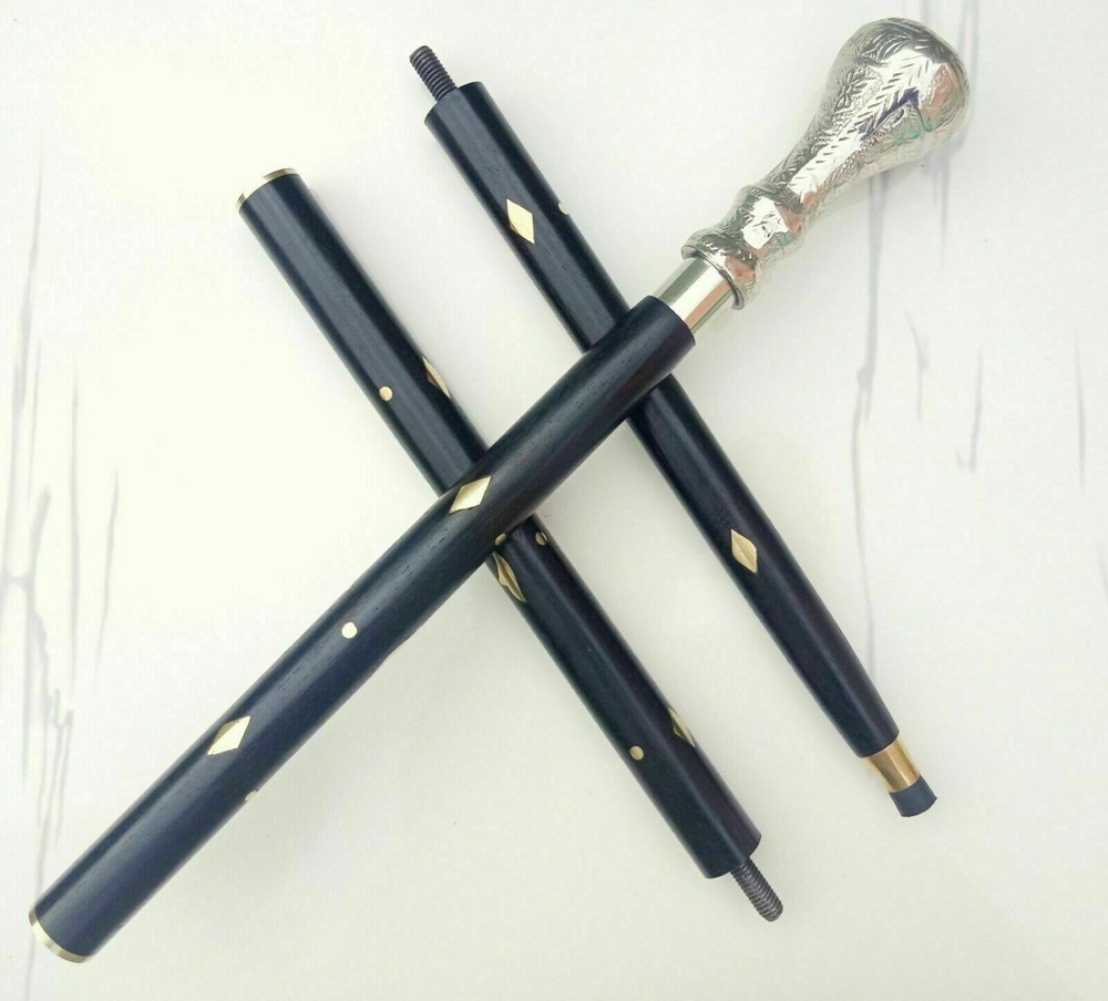 Vintage Luxury Wooden Walk Stick Cane Silver Solid Handle Craved Support Ca