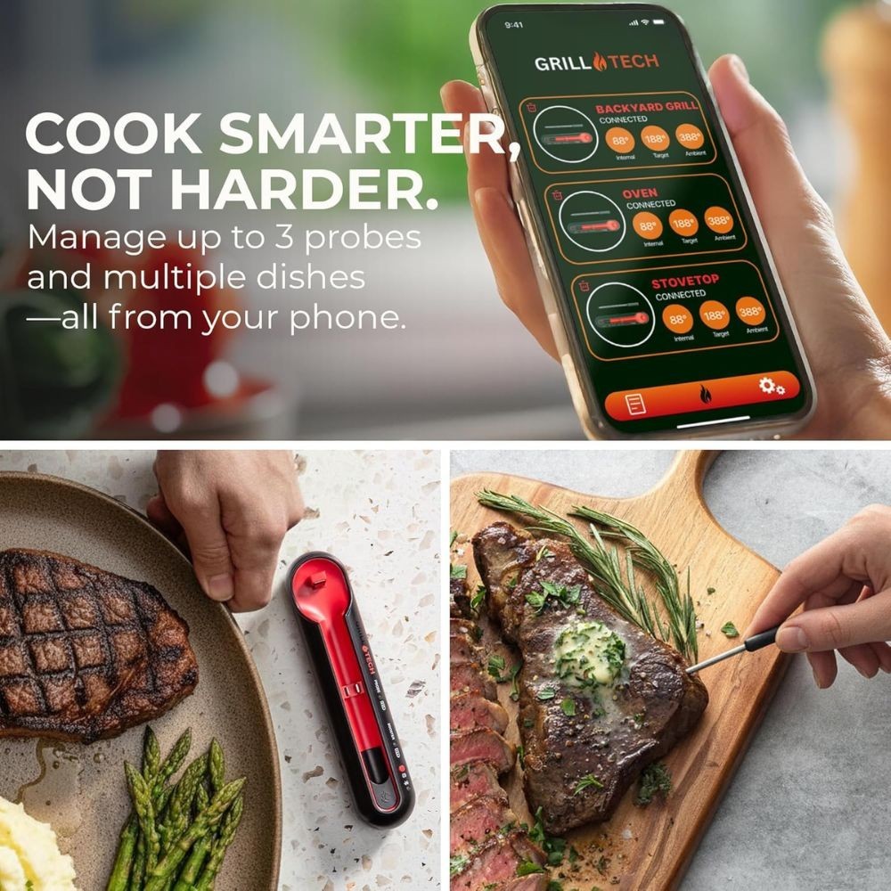 Grill Tech Bluetooth Meat Thermometer – Wireless, USB-C, Smart App