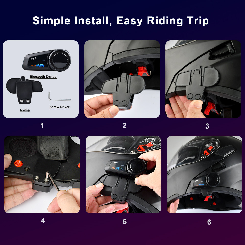 3x FX6 Motorcycle Intercom Helmet Bluetooth Headset 6 Riders Group Communication