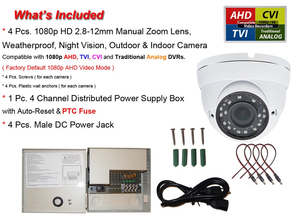 4 Security Surveillance Camera with Power Supply Box for 4 Channel CCTV