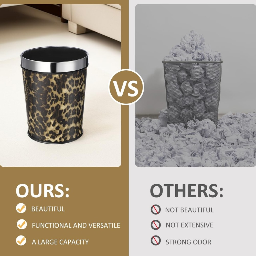 5L Household Leopard Trash Can, Open-Top Trash Bin with Removable Bag Ring, S...