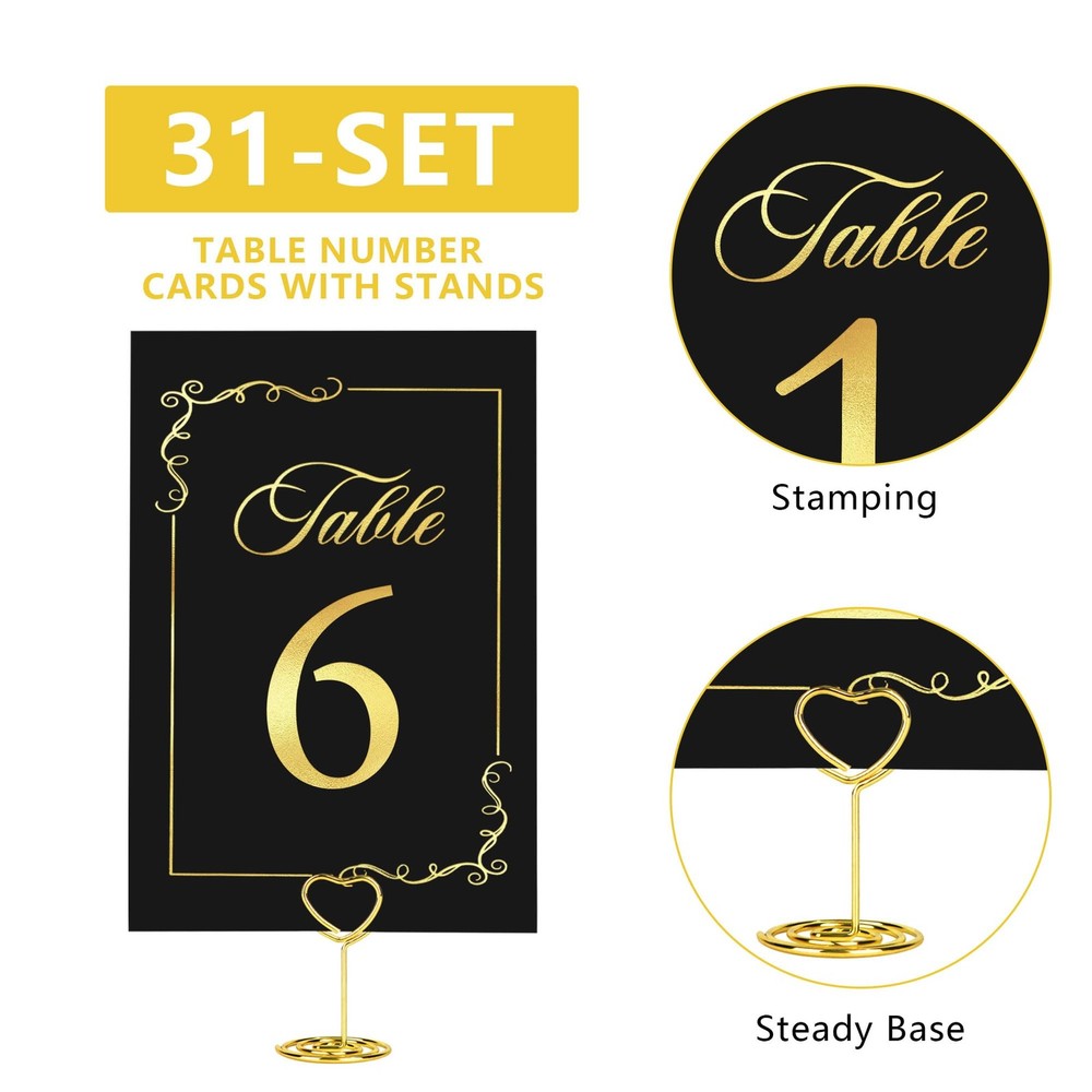 JOYIT 31 Sets Wedding Table Number Holders Black Gold Metal Rectangular Pedestal