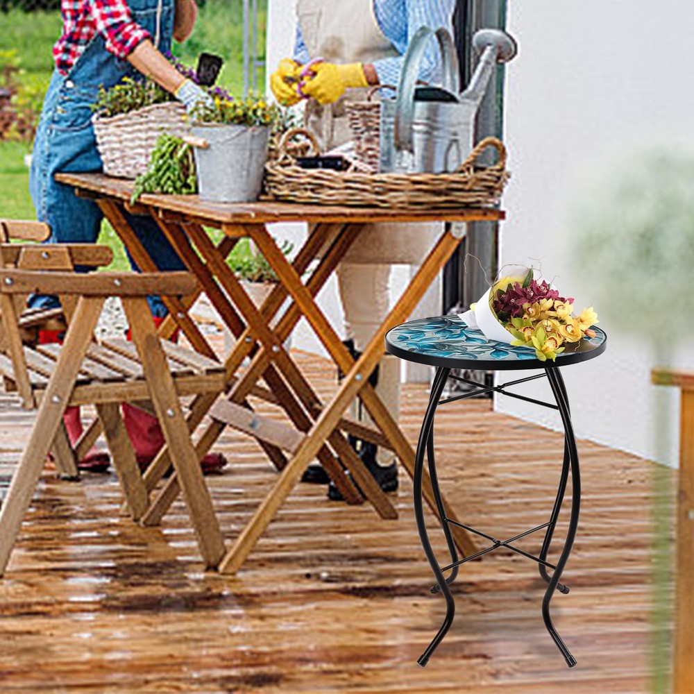Side Patio Tables-Mosaic Outdoor Side Table - 14’’ Blue and Transparency Leaf...