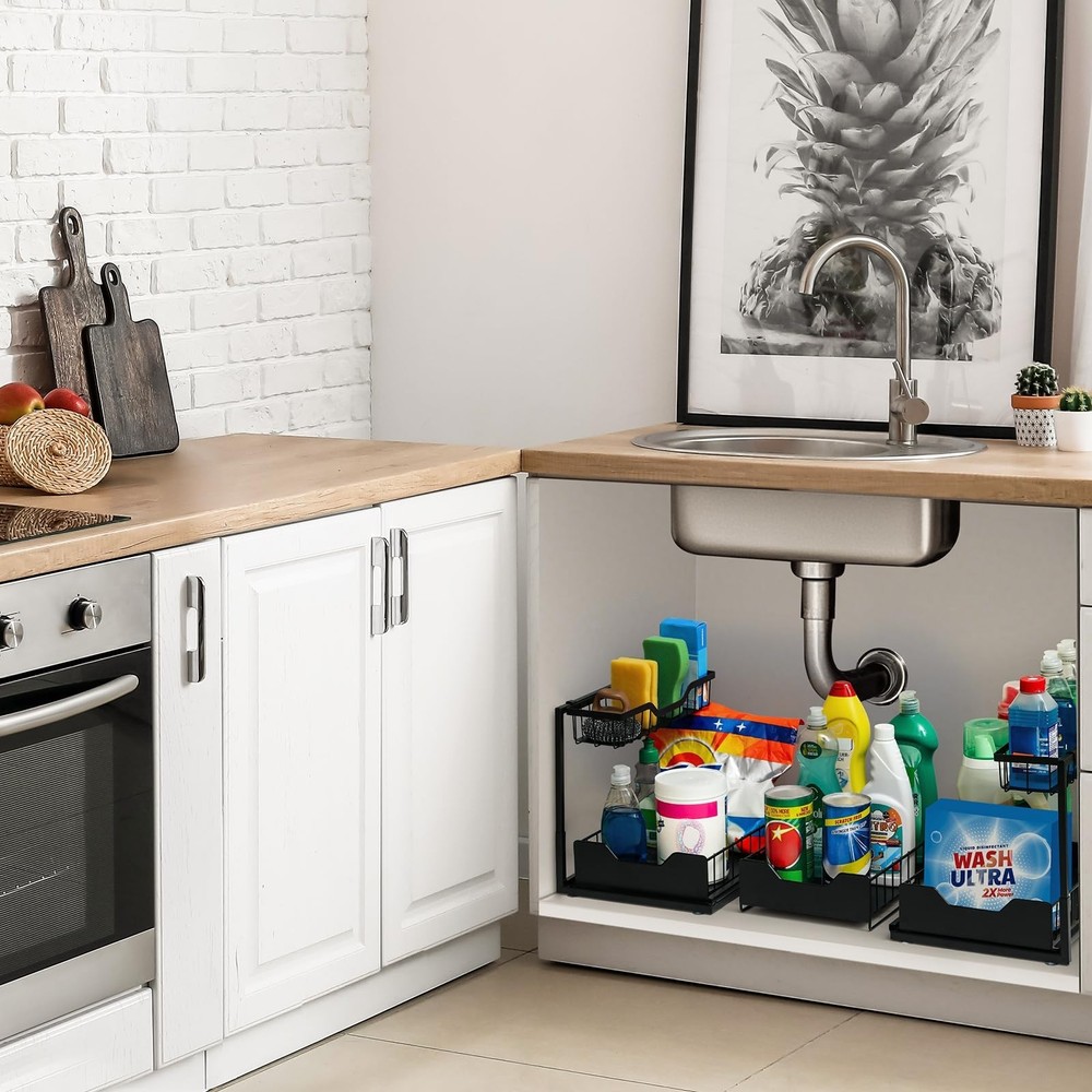 3 Pack, Under Sink Organizer 2-Tier with Slide Out Lower Drawer - Metal Pull ...