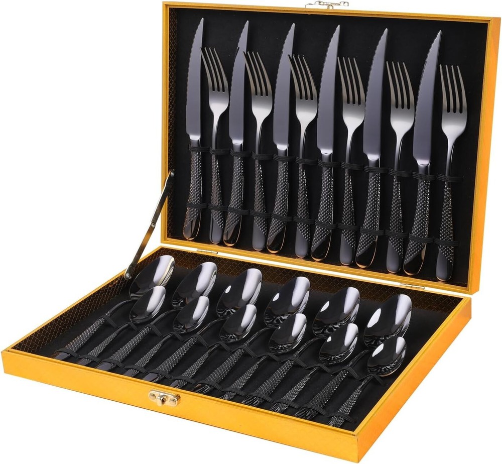 Premium 24-Piece Hammered Black Flatware Set - Mirror Polished & Dishwasher Safe