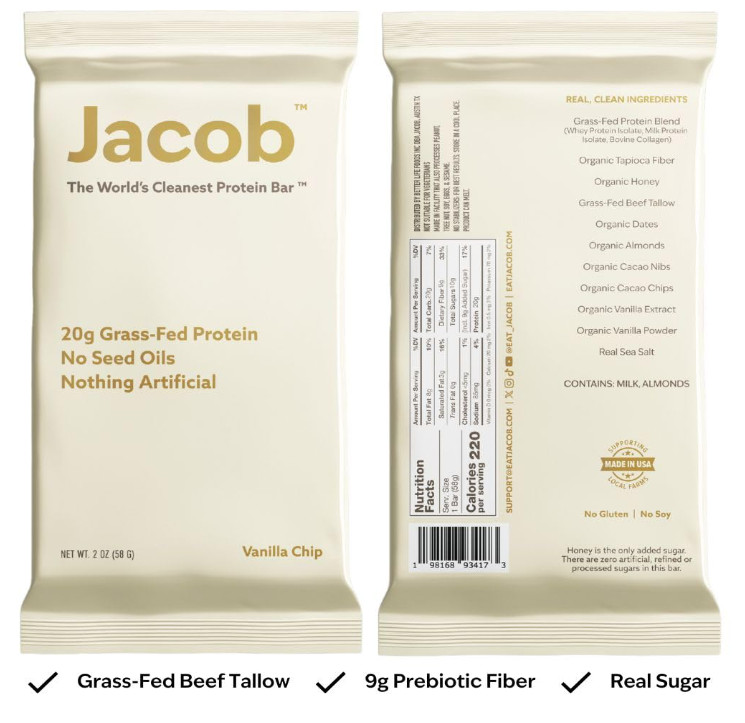 Jacob Bar Protein Bars Vanilla, 20g Grass-Fed Protein, 9 Count