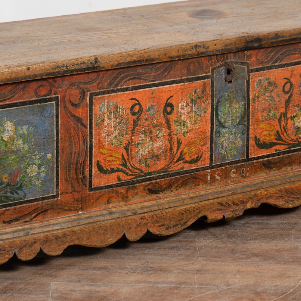 Long Narrow Hand Painted Pine Trunk Bench, Dated 1889