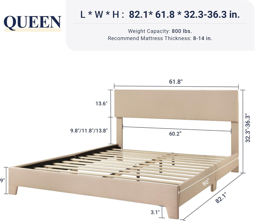 Queen Size Bed Frame with Adjustable Headboard, Upholstered Platform Bed with Wo