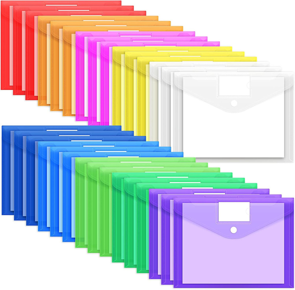 30 Pack 10 Color Plastic Envelopes Poly Envelopes, Hook & Loop Closure File Fold