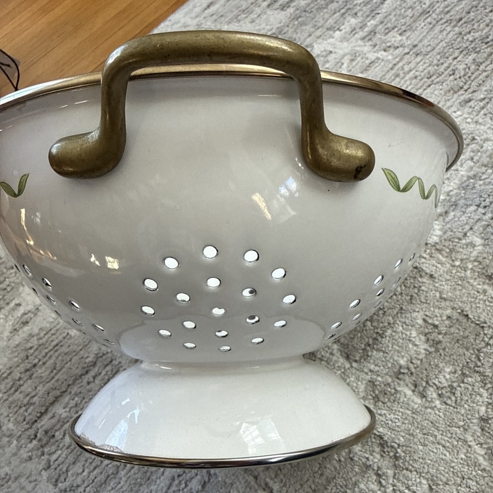 Enameled Colander/Strainer With Brass Handles Beautiful Floral Pattern
