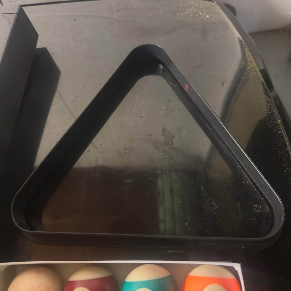 pool ball set with triangle and Chalk