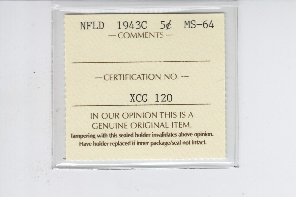 1943C Newfoundland Five Cents ICCS MS-64 SC3