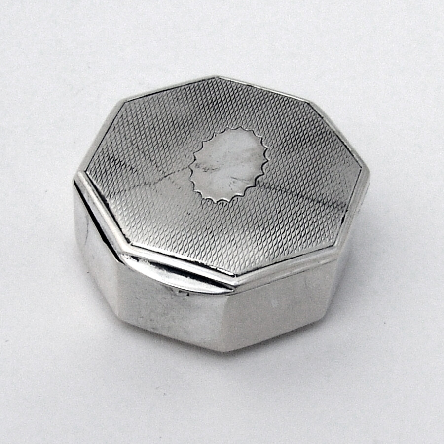 Engine Turned Octagonal Pill Box Gilt Interior German 800 Silver