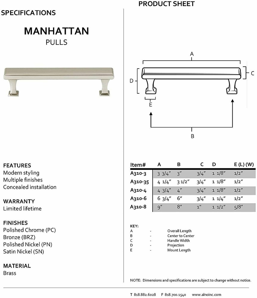 Alno A310-3-PN Manhattan Modern Pulls, Polished Nickel