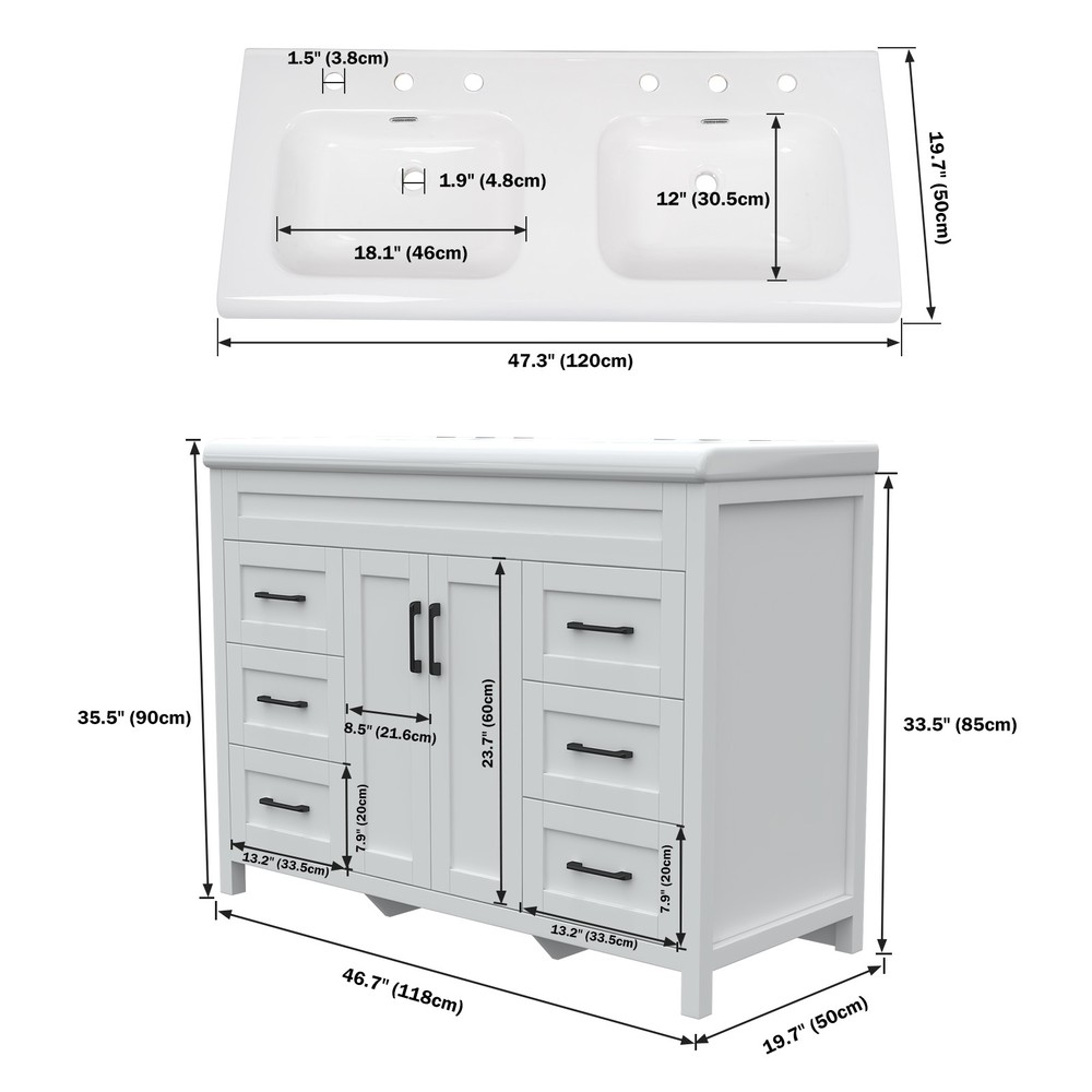 47" Bathroom Double Sink Vanity Cabinet Ceramic Vessel Sink 6-Drawer Cabinet