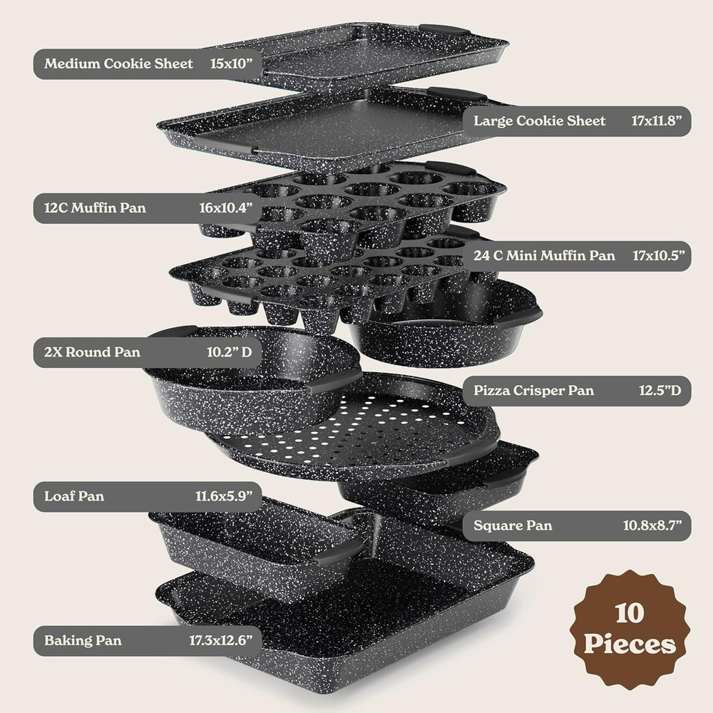 Nonstick Stackable Bakeware Set - Durable, Easy Release Baking Set, Black, 10 Pc