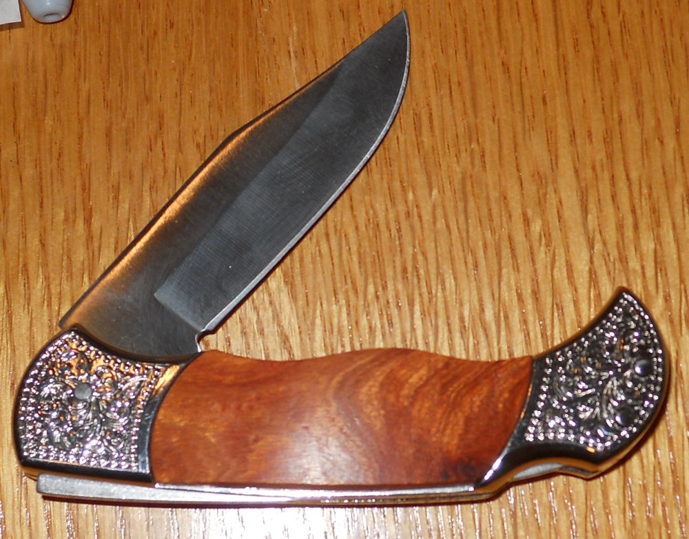 Solid Wood handle on 7 1/2" Folding Lock Back Stainless Steel Knife
