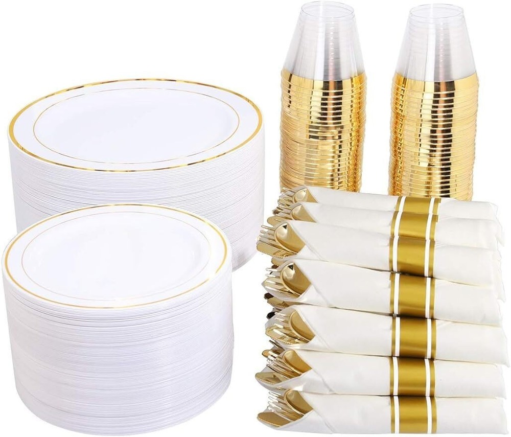 350 Pieces Gold Plastic Disposable Dinnerware Set w/Silverware and Cups Plates