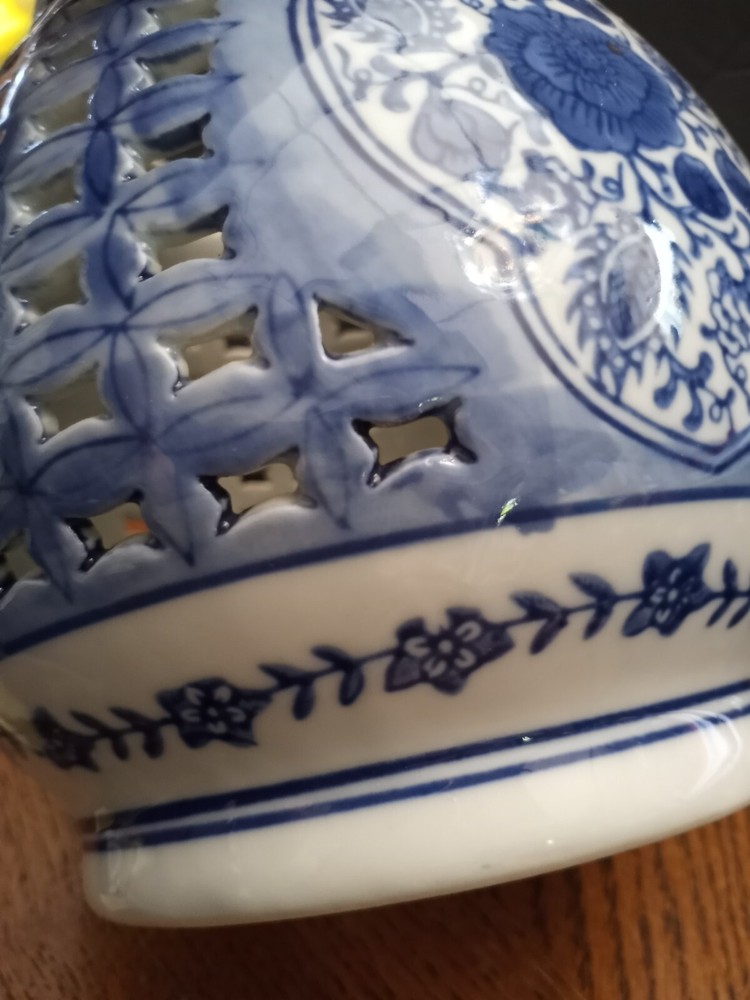 Blue and White Floral Design With Cutouts Vase 7'' Tall
