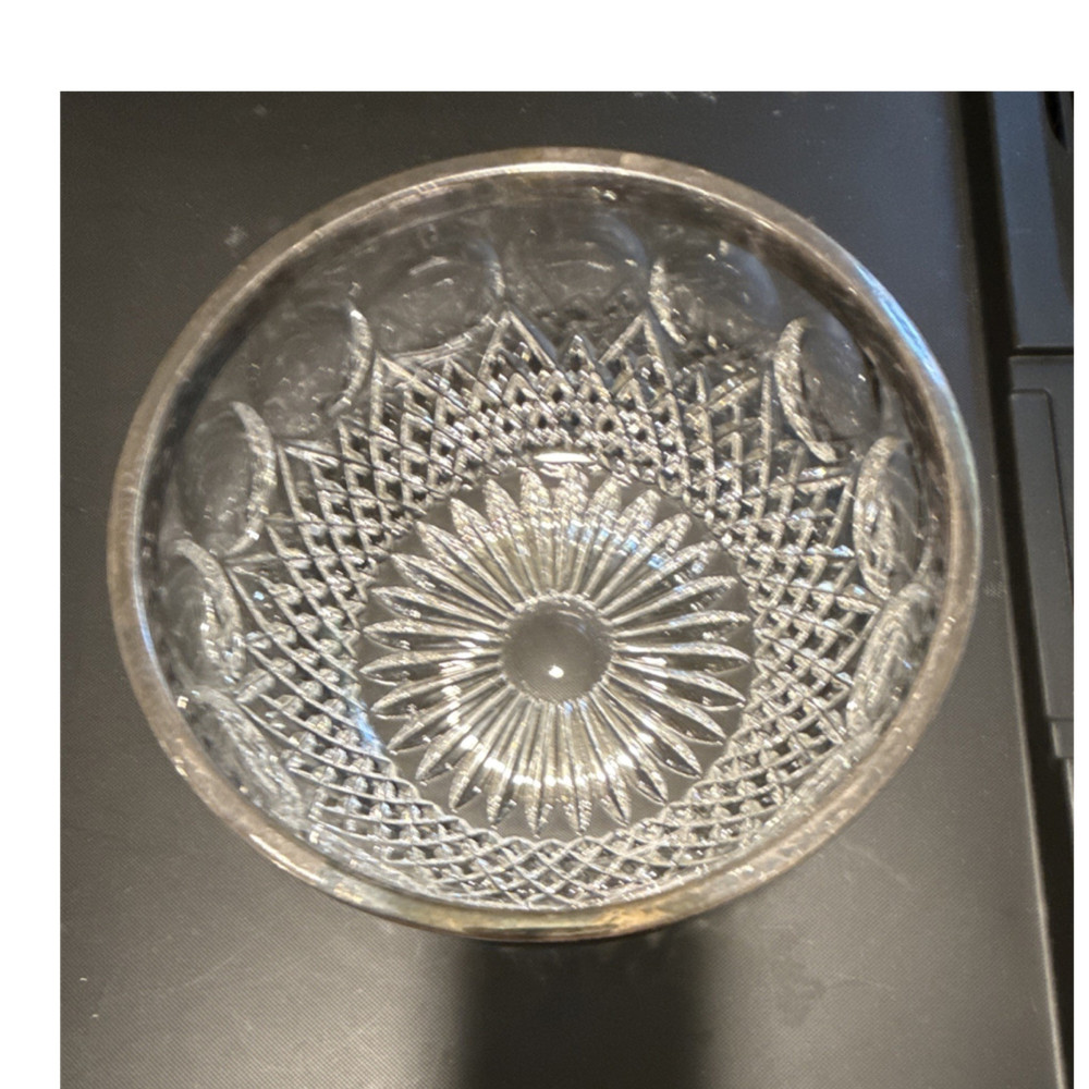 Cut Glass Starburst Pattern Round with Silver Plated Rim Decorative Bowl