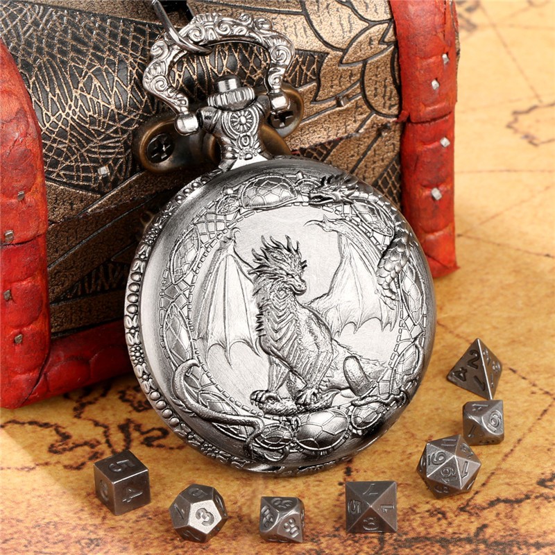 7pcs Mini Solid Metal DND Dice Set in Pocket Watch Case for Dungeons & Dragons