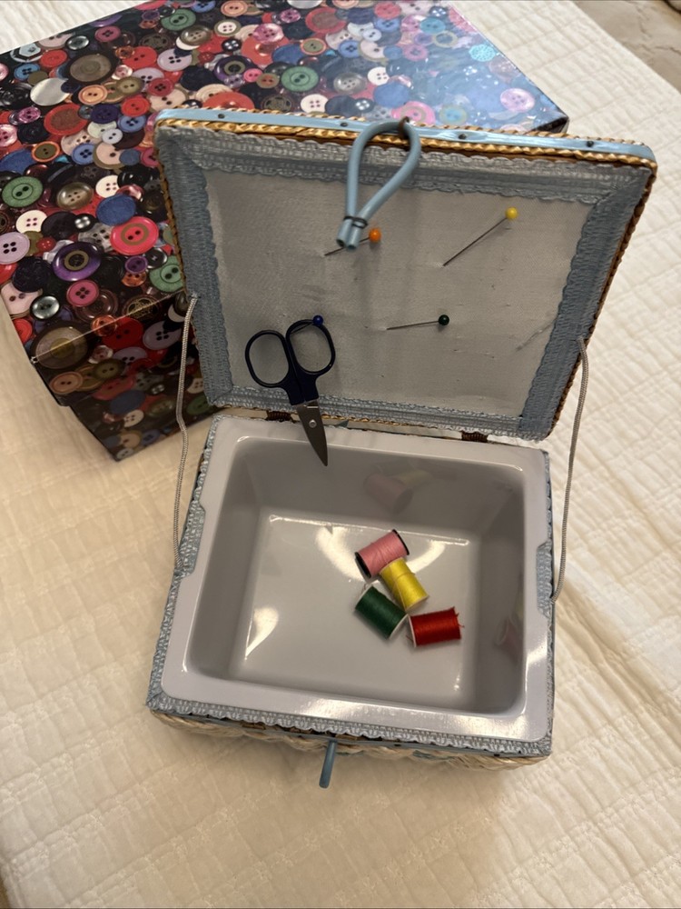 Storage Boxes(2), Assorted Buttons And Vintage Sewing Box.