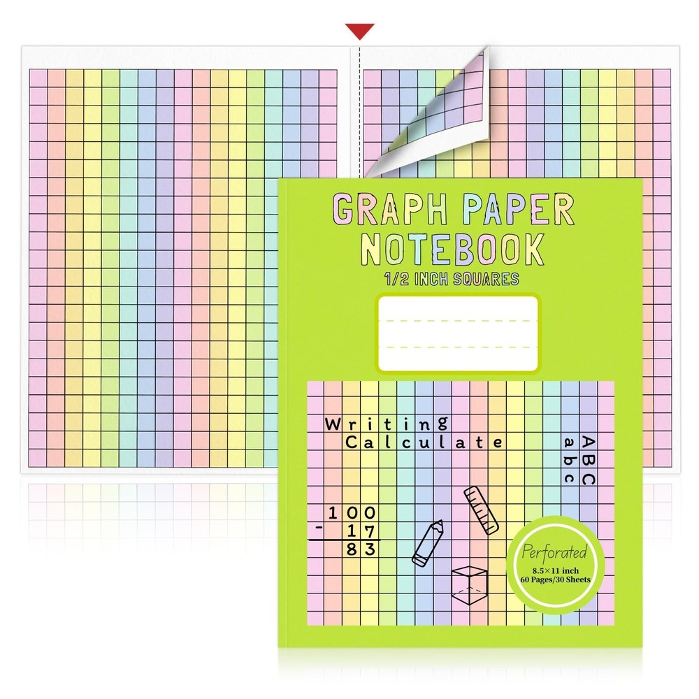 1 Pack 8.5×11 Colored Graph Paper Pad Math Notebook Graph Paper 1/2 Inch Sq