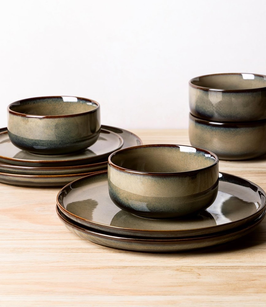Ceramic Dinnerware Sets for 4, 12 Pcs Handmade Reactive Glaze Plates & Bowls Set