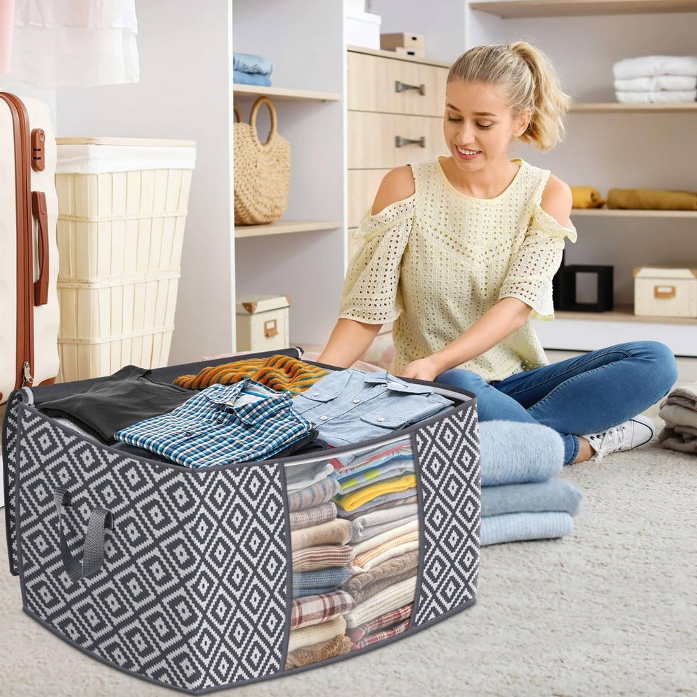 2 Pack 100L Grey Storage Bins, Foldable, Reinforced Handle, Clear Window, Bags