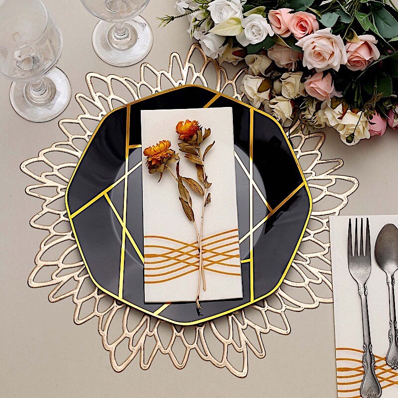 10 Octagon 10" Plastic Dinner Plates Gold Geometric Design Disposable Tableware